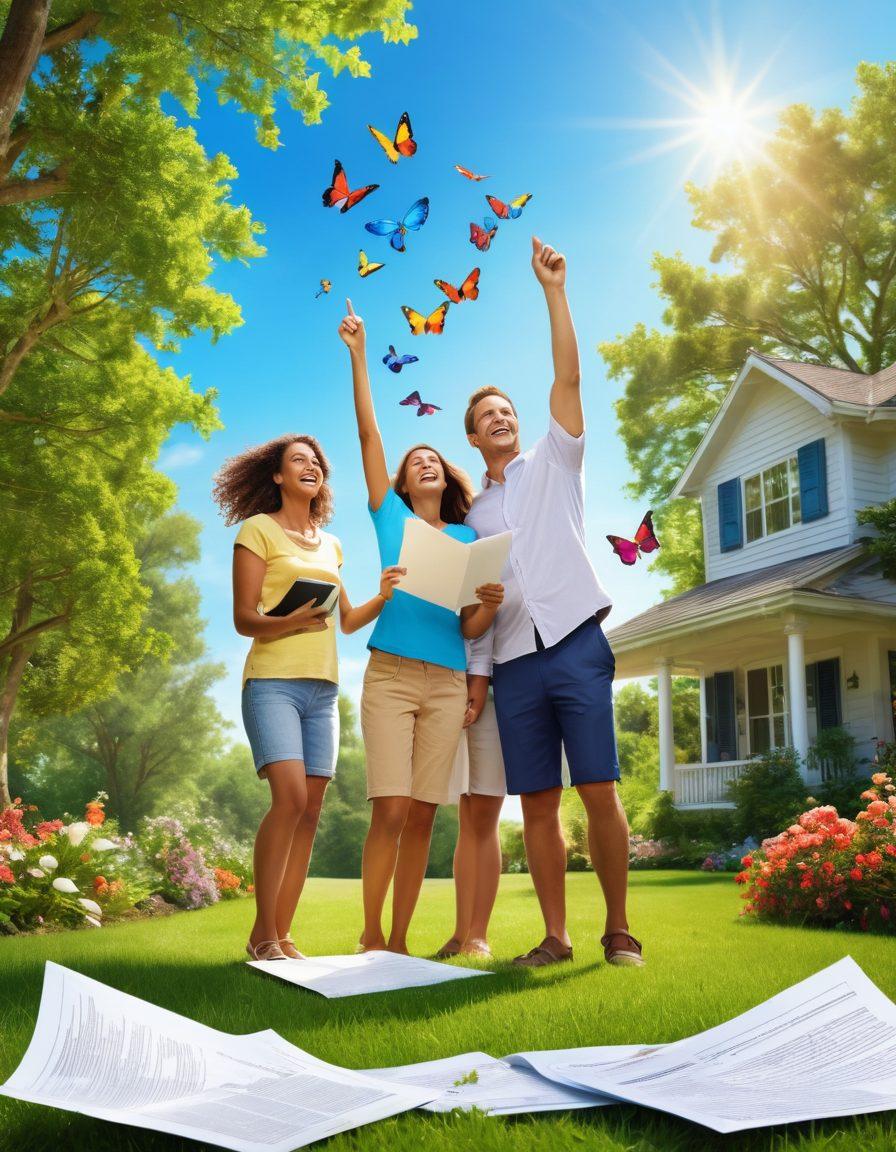 A serene landscape featuring a joyful family celebrating under a bright blue sky, with colorful insurance policy documents floating like butterflies around them. A key symbolizing 'unlocking happiness' prominently in the foreground, surrounded by lush greenery and flowers representing peace of mind. The scene should evoke warmth, security, and optimism. super-realistic. vibrant colors. sunny day.