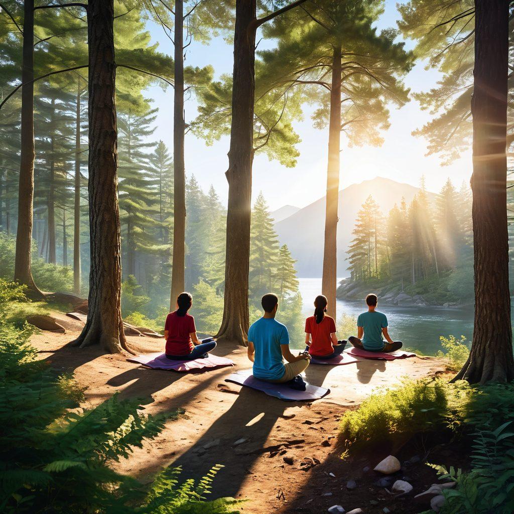A serene landscape depicting diverse individuals enjoying life, each representing different activities like meditation, hiking, and family bonding, symbolizing well-being. Include visual elements like a protective shield overlay to signify tailored coverage options. Bright sunlight filtering through trees to create an uplifting atmosphere. Capture a harmonious blend of nature and modern life. vibrant colors. super-realistic.