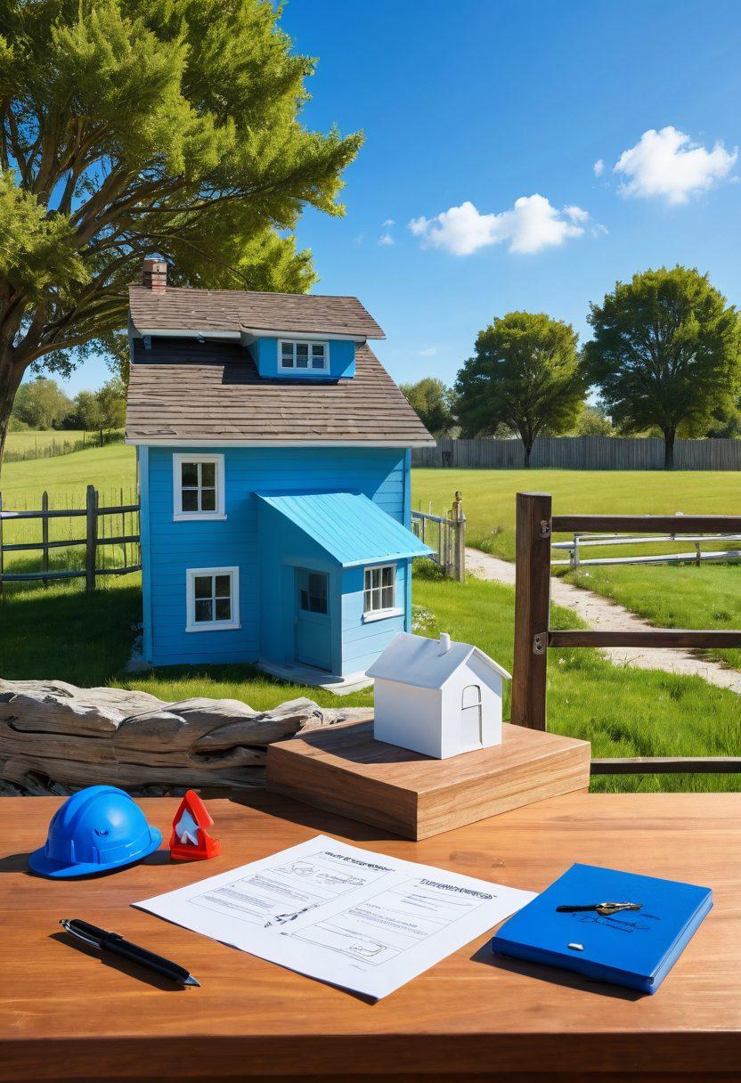 A serene landscape depicting a peaceful home with a clear blue sky, surrounded by a protective fence, various safety symbols like a safe and shield, and a checklist visibly placed on a wooden table with a pen. The scene conveys calm and security, illustrating the themes of safety and peace of mind. super-realistic. vibrant colors. serene atmosphere.